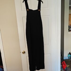 Women's Black Wide-Leg Jumpsuit with Button Straps